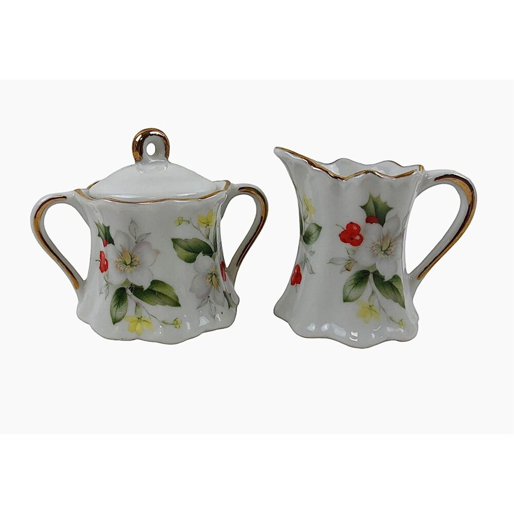 Vintage Porcelain Mini Creamer Sugar Set Floral Design Berries Leaves Gold Trim